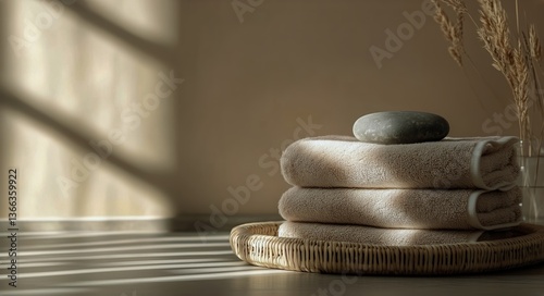 Soft Towels and Decorative Stone in a Tranquil Setting With Natural Light and...