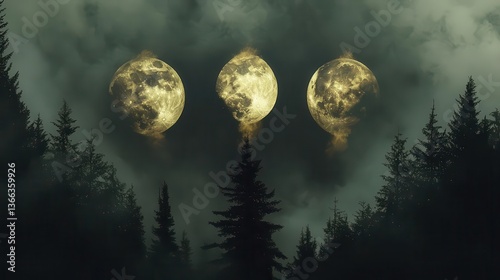 Wallpaper Mural Surreal Night Landscape with Three Illuminated Moons Rising Above a Dark Forest Torontodigital.ca