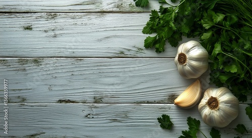 Fresh Garlic, Parsley, and Spices on Wooden Table for Cooking Preparations an...