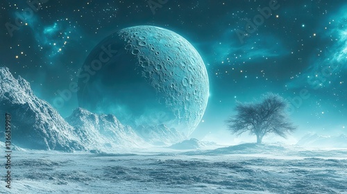 Wallpaper Mural Surreal Night Sky with Glowing Blue Planet and Solitary Tree on an Alien Landscape Torontodigital.ca