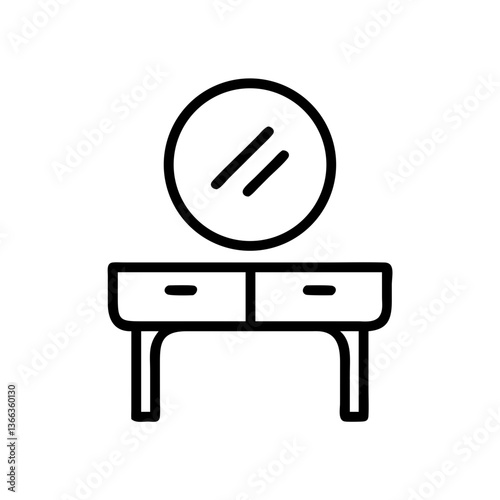 Minimalist vanity table with round mirror on a white background  