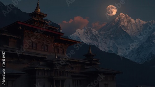 Wallpaper Mural Temple Silhouette Against Snowy Himalayan Peaks Under Moonlit Night Sky in Nepal Torontodigital.ca