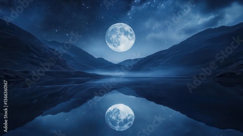 Stunning Nightscape with Full Moon and Reflections in Tranquil Water Surrounded by Mountains