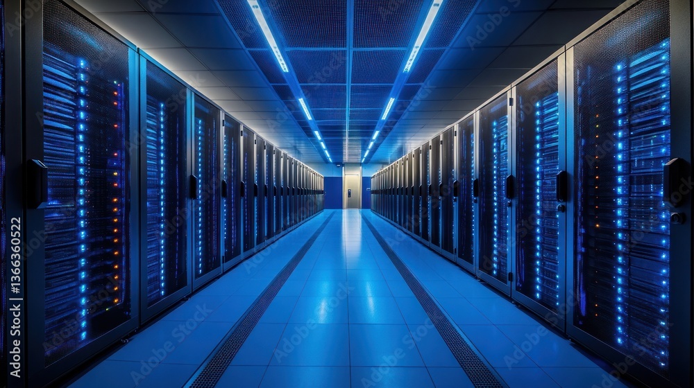 Fototapeta premium Server room hallway with glowing servers and blue lights.