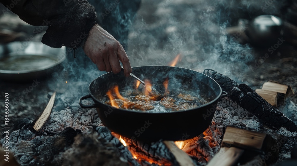 A rustic skillet placed on glowing embers with a hand stirring the food, exuding the warmth and authenticity of traditional outdoor cooking methods.. AI Generation A rustic skillet placed on glowing embers with a hand stirring the food, exuding the warmth and authenticity of traditional outdoor cooking methods.. AI Generation