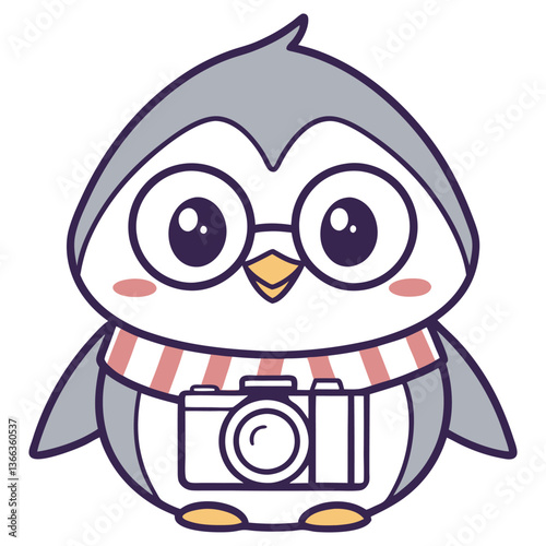 Cute Cartoon Penguin with Scarf, Glasses & Camera on Transparent Background