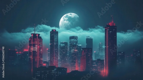 Wallpaper Mural Urban Night Skyline with Neon Lights and Full Moon Surrounded by Fog and Clouds Torontodigital.ca