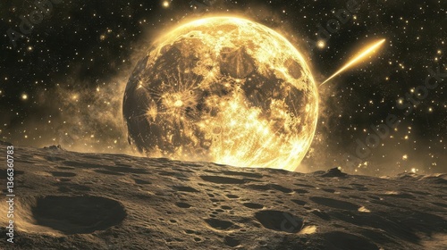 Surface of a Moon with a Bright Luminous Moon and Comet in a Starry Night Sky
