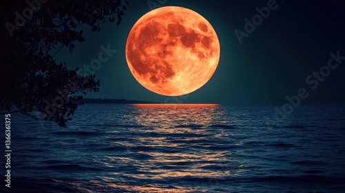 Wallpaper Mural Vivid Full Moon Glowing Over Tranquil Ocean with Shimmering Reflections at Night Torontodigital.ca