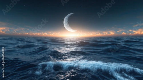 Tranquil Moonlit Ocean at Dusk with Gentle Waves and a Glimmering Horizon