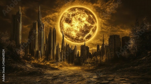 Surreal Urban Landscape with Golden Moon Illuminating a City Skyline at Night