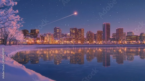 Wallpaper Mural Winter Nighttime City Skyline with Snow and Reflections Under Twinkling Stars Torontodigital.ca