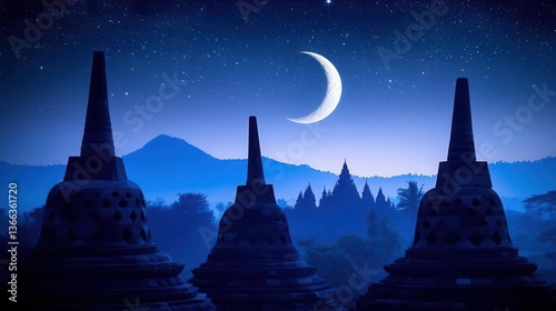 Tranquil Night View of Ancient Temples Under a Crescent Moon in a Starry Sky