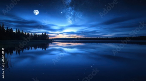 Tranquil Night Sky with Stars Reflecting on a Still Lake Surrounded by Forest and Moonlit Atmosphere