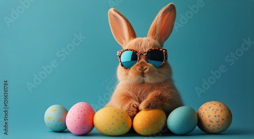 Cute Rabbit Wearing Sunglasses Poses With Colorful Easter Eggs on a Blue Back...