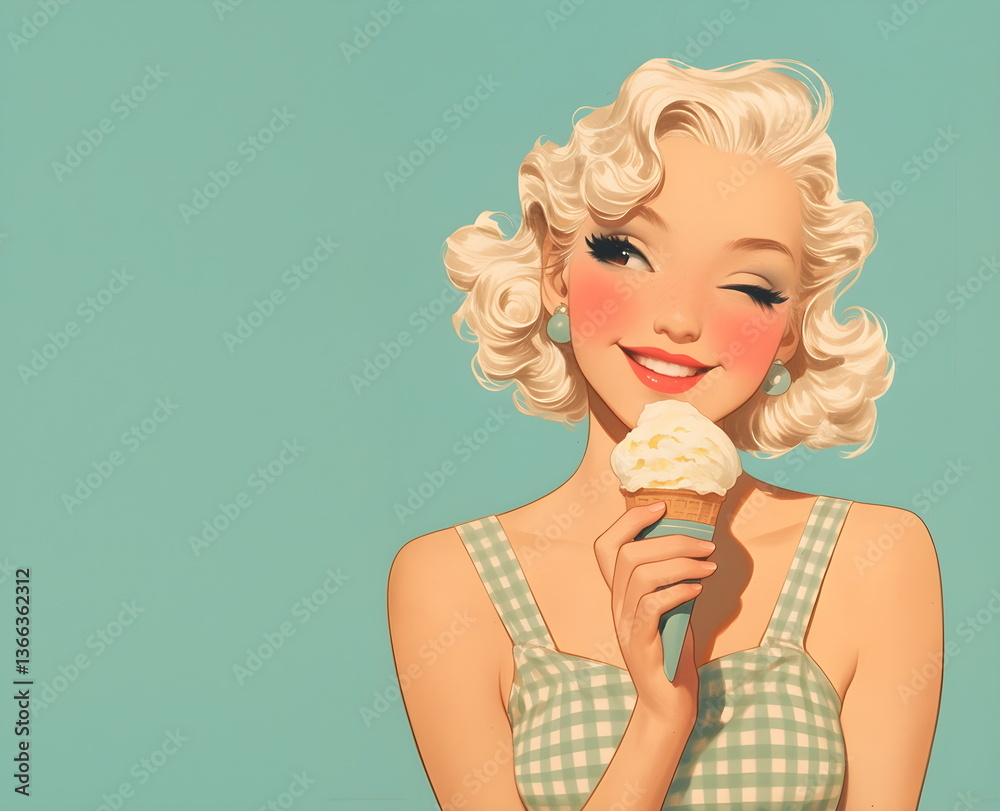 Portrait of cute blonde girl with ice cream cone, retro style, vintage drawing for label, advertising of summer ice cream bar Portrait of cute blonde girl with ice cream cone, retro style, vintage drawing for label, advertising of summer ice cream bar