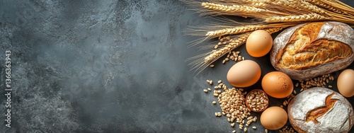 Freshly Baked Bread and Eggs Arranged With Grains and Nuts on a Textured Surface