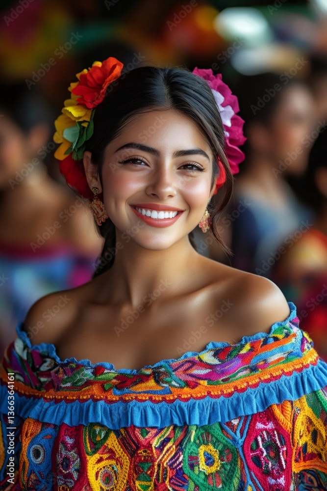 Latin american woman wearing colorful embroidered dress and flower crown smiling