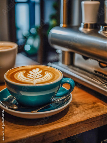 Artistic latte art in a cozy kitchen with soft natural lighting photo