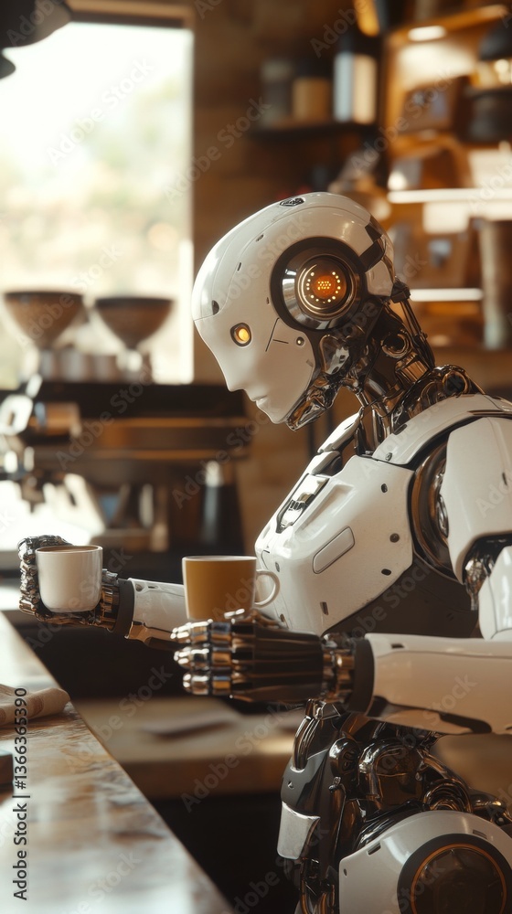 Fototapeta premium A humanoid robot barista prepares and serves coffee in a modern cafe, highlighting advanced AI integration in daily life and the future of customer service and robotics.. AI Generation