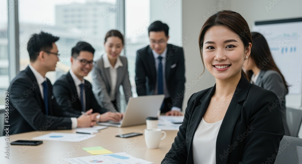 Portrait of smiling businesswoman in meeting with colleagues in modern office setting indoors Portrait of smiling businesswoman in meeting with colleagues in modern office setting indoors