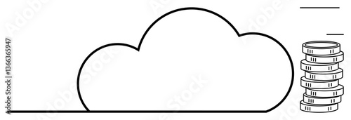 Cloud shape beside a stack of coins suggesting digital innovation, data economy, and online services. Ideal for technology, finance, cloud storage, digital payment, e-commerce, virtualization