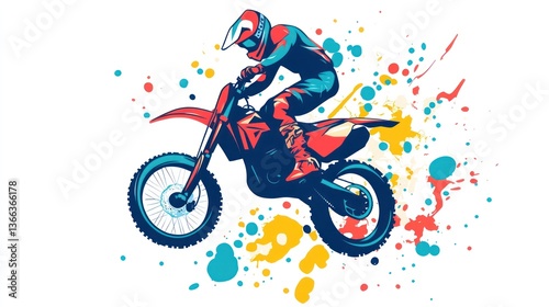 Dynamic Motocross Rider in Action with Vibrant Splash Background