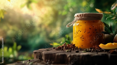 Mango Jam Jar on Wooden Table Surrounded by Fresh Fruits and Vibrant Greenery...