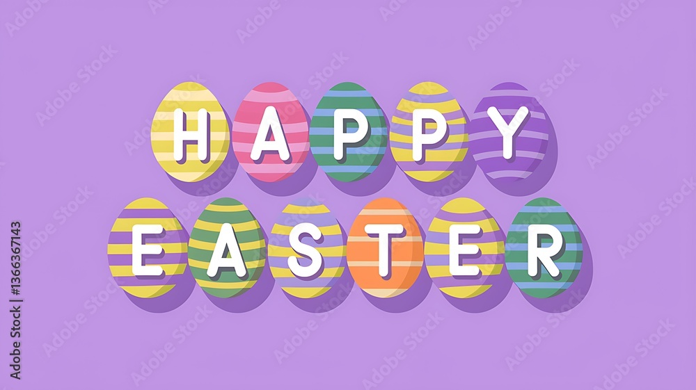 Fototapeta premium A collection of multicolored eggs spelling out the words 'Happy Easter' in vibrant colors with solid purple background and white letters, creating a festive and eye-catching Easter design festive vibe