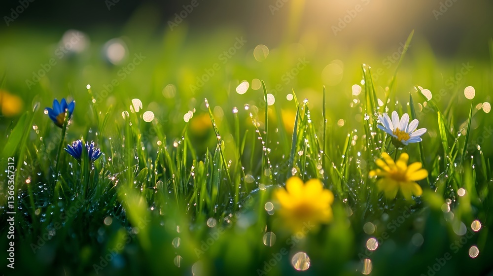 Fototapeta premium a close-up shot of wildflowers and grass, illuminated by sunlight, creating a vibrant and fresh landscape. The scene evokes a sense of peace, serenity, and the beauty of nature