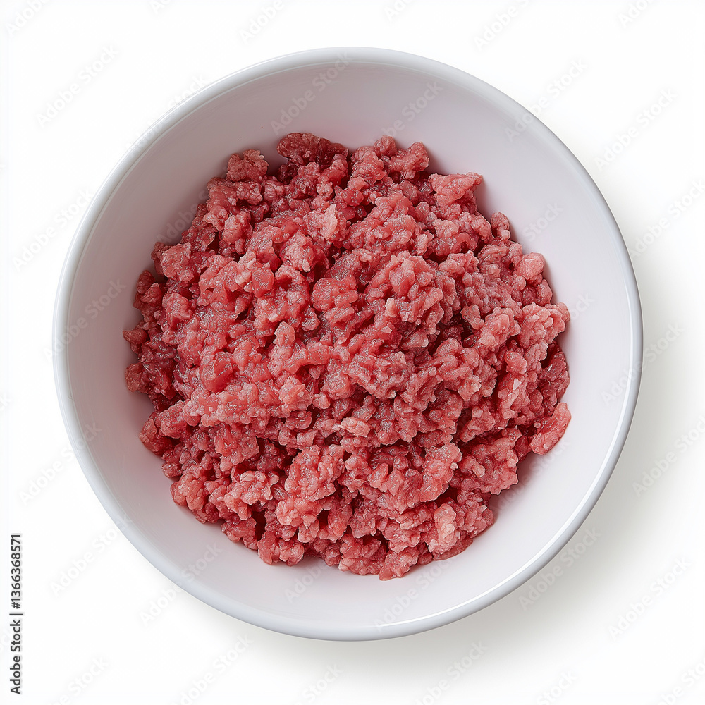 white ceramic bowl with ground raw beef, Isolated on white Background. white ceramic bowl with ground raw beef, Isolated on white Background.