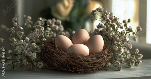 Decorative Nest With Speckled Eggs and Dried Flowers on a Textured Background...