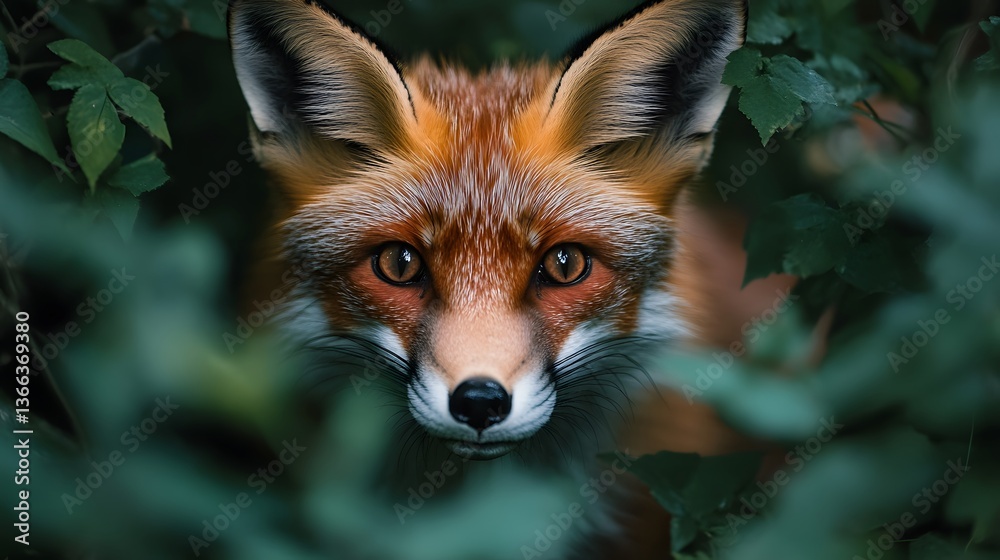 Obraz premium a captivating fox peering out from verdant foliage, eyes locked on the viewer, showcasing natural beauty
