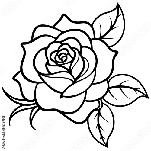 Elegant rose flower outline with leaves, simple vector illustration, botanical design element.