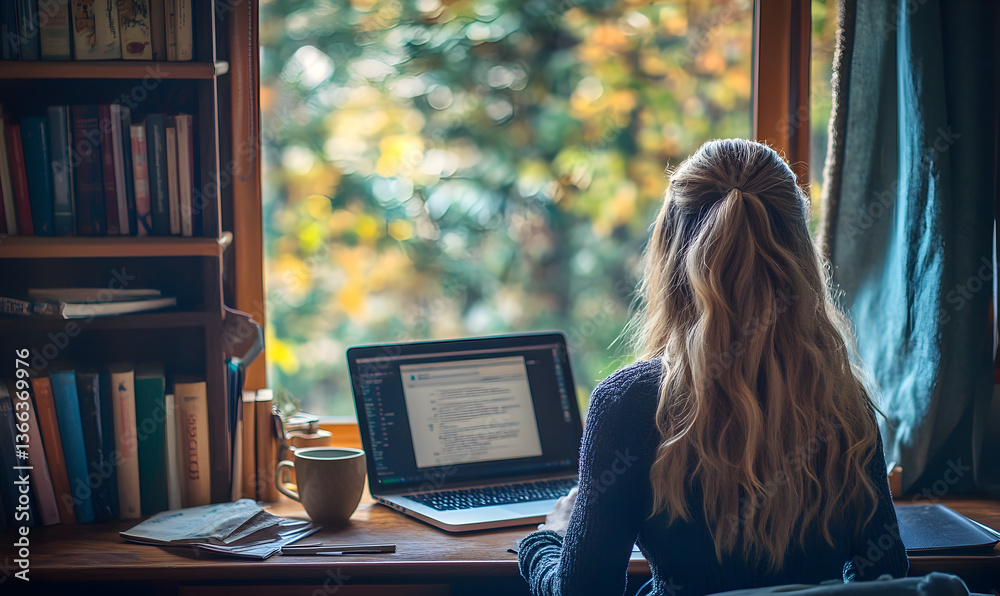 Obraz premium Woman Working From Home At Wooden Desk With Laptop And Bookshelf In Front Of Window