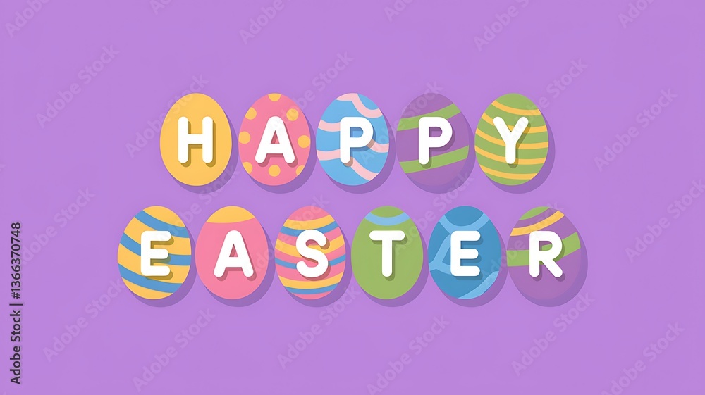 Fototapeta premium A collection of multicolored eggs spelling out the words 'Happy Easter' in vibrant colors with solid purple background and white letters, creating a festive and eye-catching Easter design festive vibe