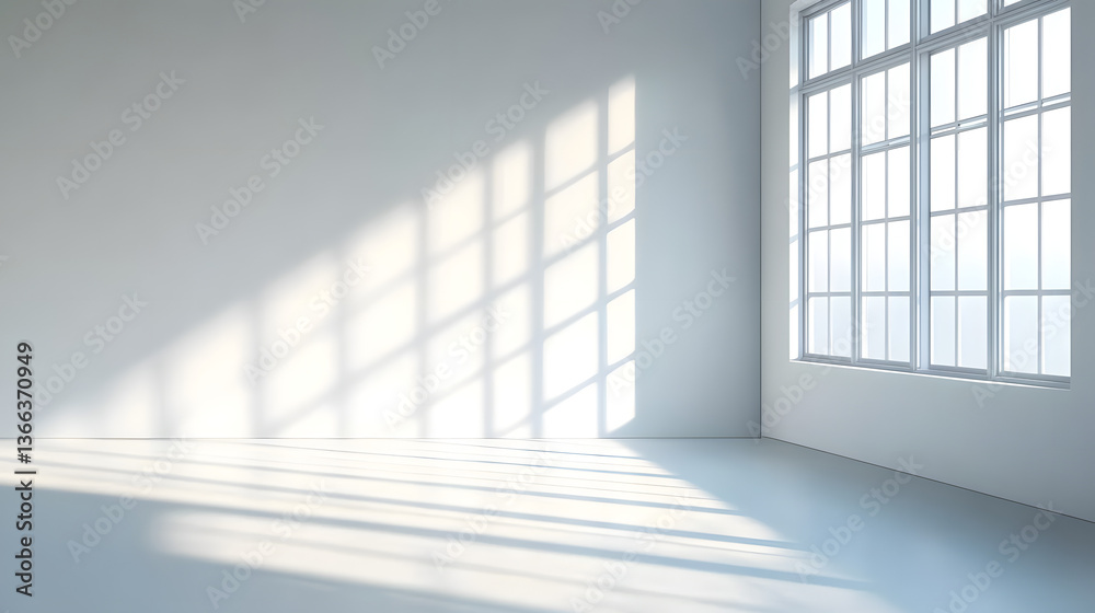 Obraz premium A clean, white room with sunlight streaming in through the window, casting shadows on an empty wall