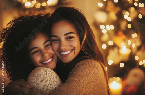 Warm Embrace Shared Between Two Friends in a Cozy Setting During the Holiday ...