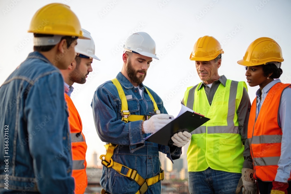 Diverse construction team meeting: group of workers in safety gear discussing plans Diverse construction team meeting: group of workers in safety gear discussing plans