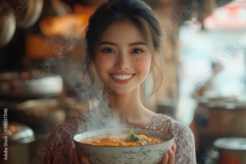 Obraz na płótnie Happy asian woman holding hot bowl of traditional food in restaurant kitchen w salonie
