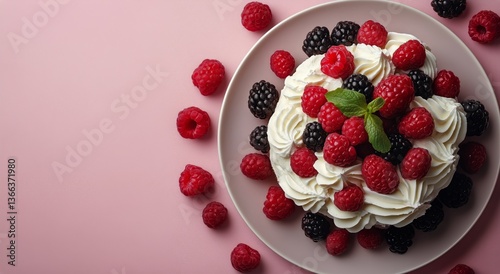 Delicious Berry Cake Topped With Fresh Strawberries and Cream on a Pastel Bac...