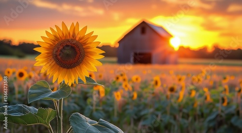 Sunflower Blooms in Golden Light With Barn Backdrop at Sunset Near a Wheat Field