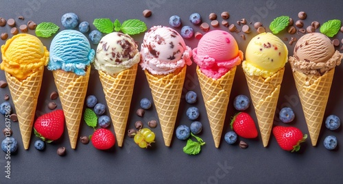 Colorful Ice Cream Cones With Fresh Fruits Arranged on a Dark Background