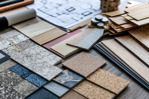 Interior design project samples.  Various flooring and wall covering options displayed on a desk.  Architectural plans, wood samples, and design elements are present