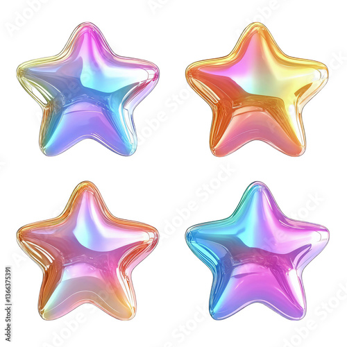 Colorful Holographic Star Balloons With Shiny Glaze, Playful Shapes On Transparent Background