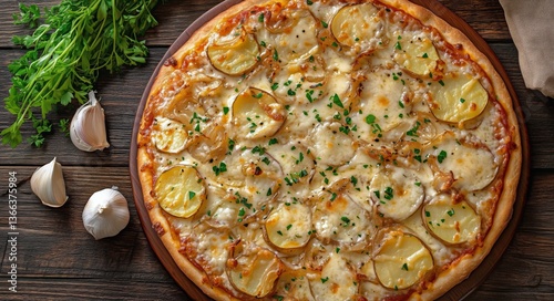 Delicious Potato Pizza Topped With Creamy Cheese and Herbs on Wooden Table