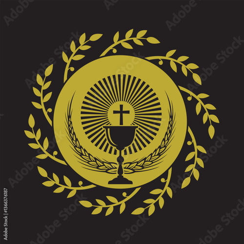 golden holy communion icon with chalice and wheat isolated on black background