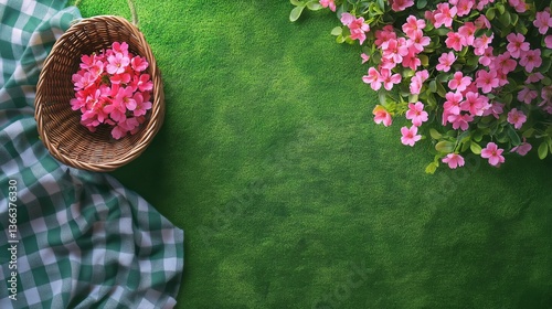 Beautiful Pink Flowers in a Wicker Basket on Green Grass in a Sunlit Garden S...