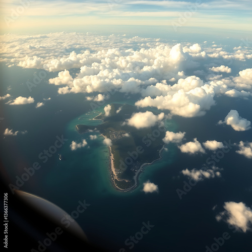 Wallpaper Mural Spectacular Aerial View from Airplane – Stunning Island with Crystal Clear Turquoise Waters, Surrounded by Fluffy White Clouds, Captured from Above in a Serene and Breathtaking Landscape Scene Torontodigital.ca