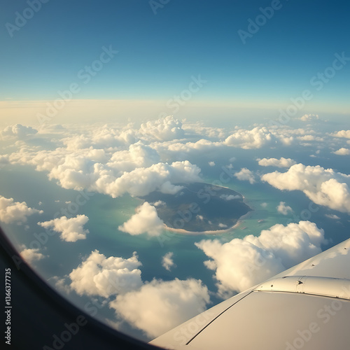 Wallpaper Mural Spectacular Aerial View from Airplane – Stunning Island with Crystal Clear Turquoise Waters, Surrounded by Fluffy White Clouds, Captured from Above in a Serene and Breathtaking Landscape Scene Torontodigital.ca